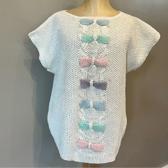VTG Coquette Bow Pastel Sweater Ivory Sz M Chunky Textured Knobby Knit - Picture 1 of 11